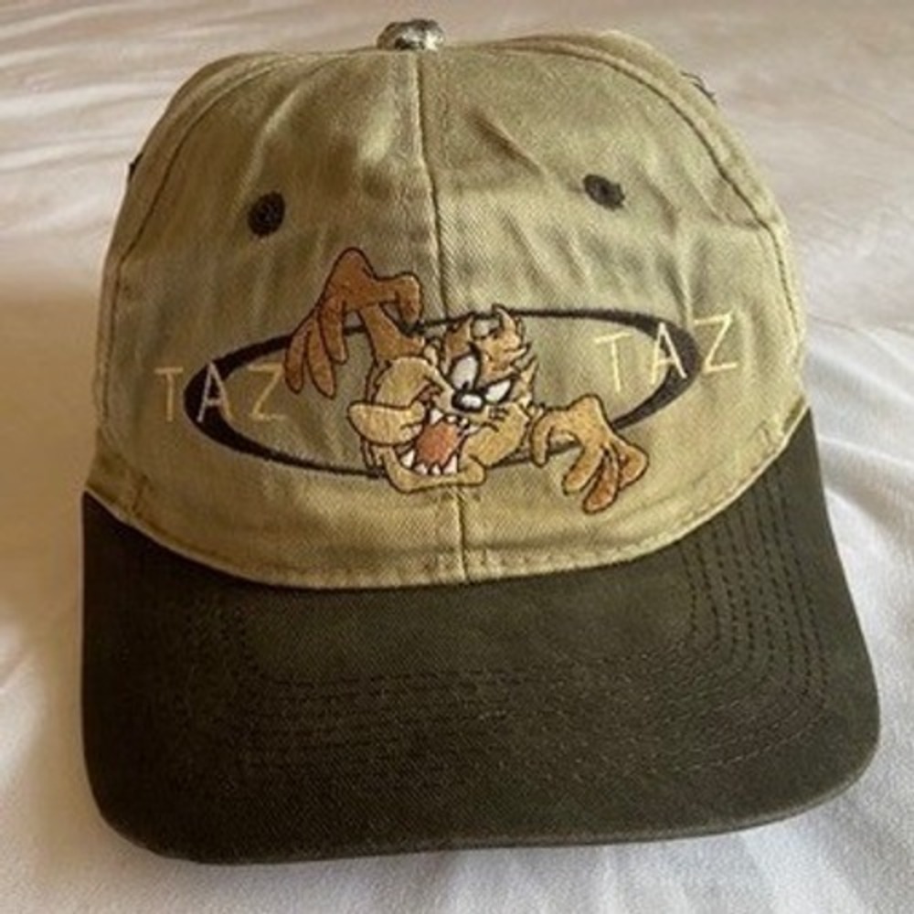 Vintage 1996 Looney Tunes Taz Snapback Hat Khaki Black Cartoon Cap